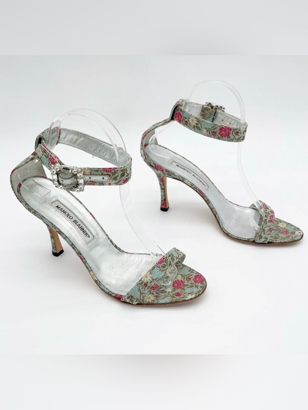 Manolo Blahnik Vintage Floral Brocade Crystal Ankle Strap Heels Sandals IT 39.5